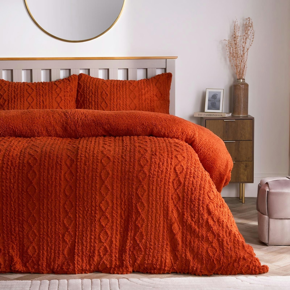 image 1 of OHS Ultra Soft Cable Knit Sherpa Fleece Duvet Set Green | Woodland Green | King