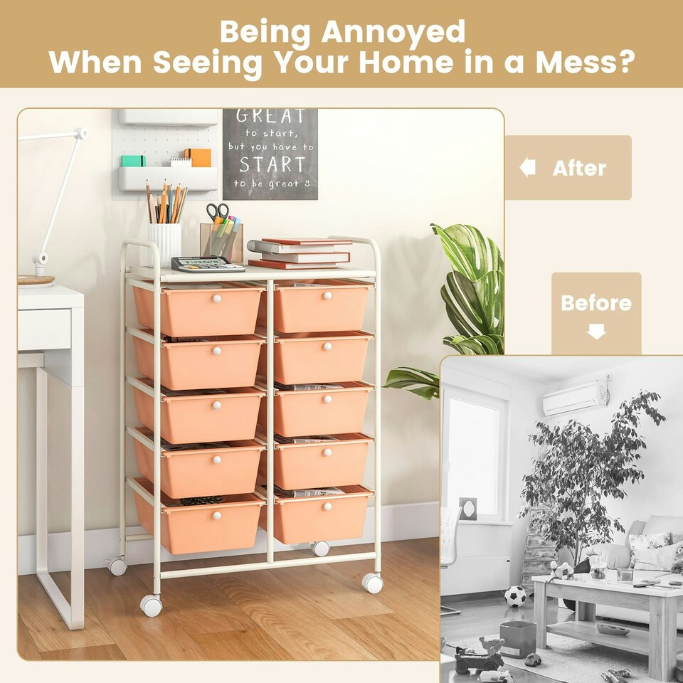 image 1 of COSTWAY 10 Drawers Storage Rolling Cart w/Universal Wheel Peach