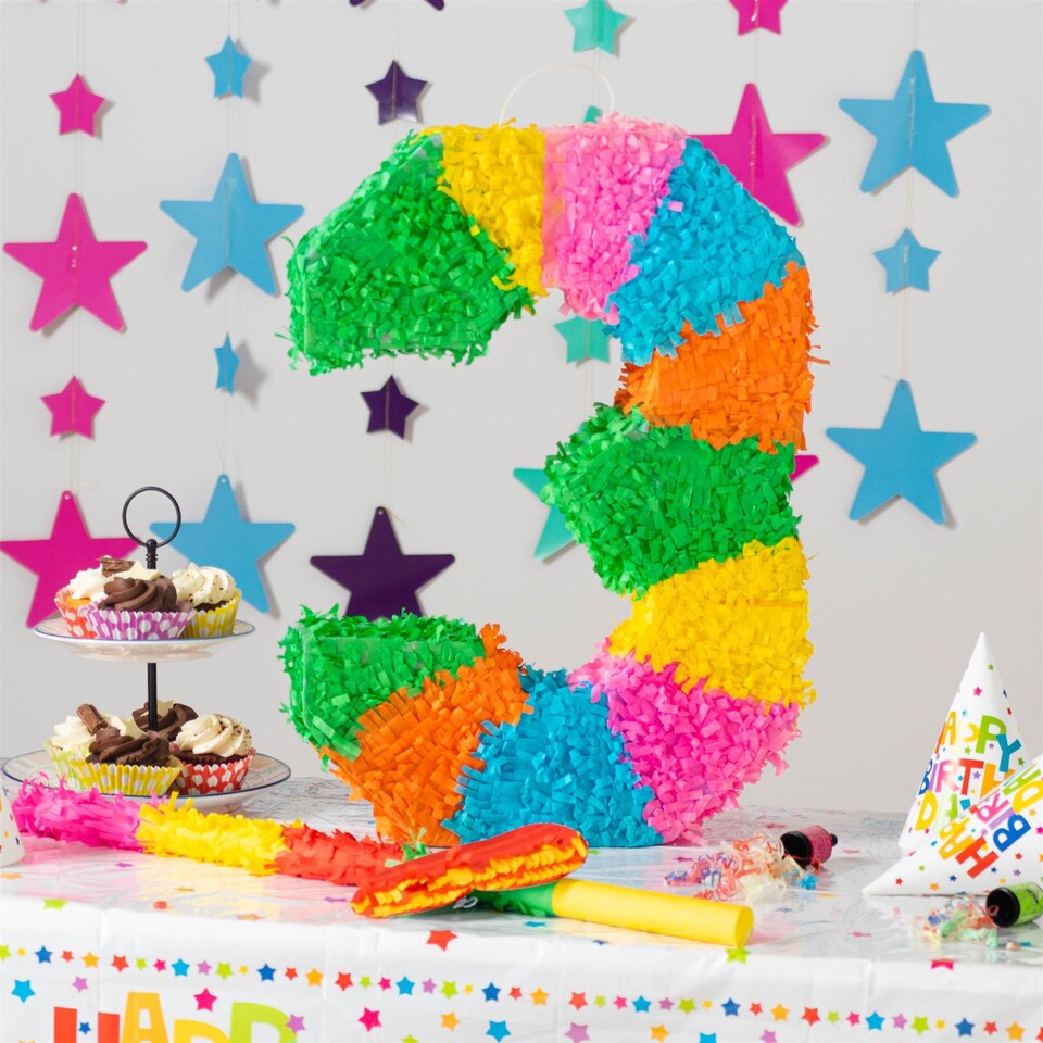 image 1 of Pinatas Number 3 Cardboard Pinata, Stick and Blindfold Set - W35cm x D7.5cm x H50cm - Multi