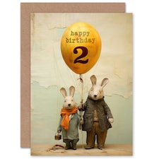 Kids Age 2 Cute Bunny Rabbits Balloon Child 2nd Birthday Card