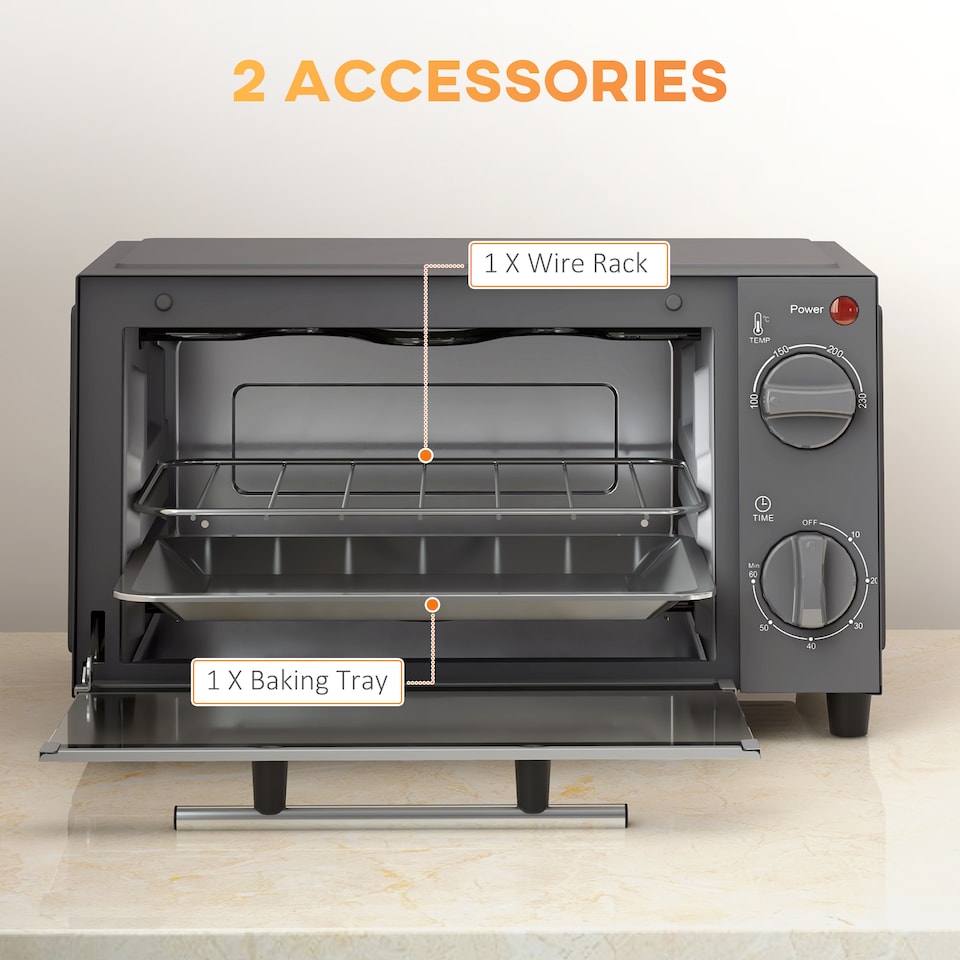 image 1 of HOMCOM Mini Oven, 9L Countertop Electric Grill, Toaster Oven with Adjustable Temperature, Timer, Dishwasher Safe Baking Tray and Wire Rack, 750W, Grey