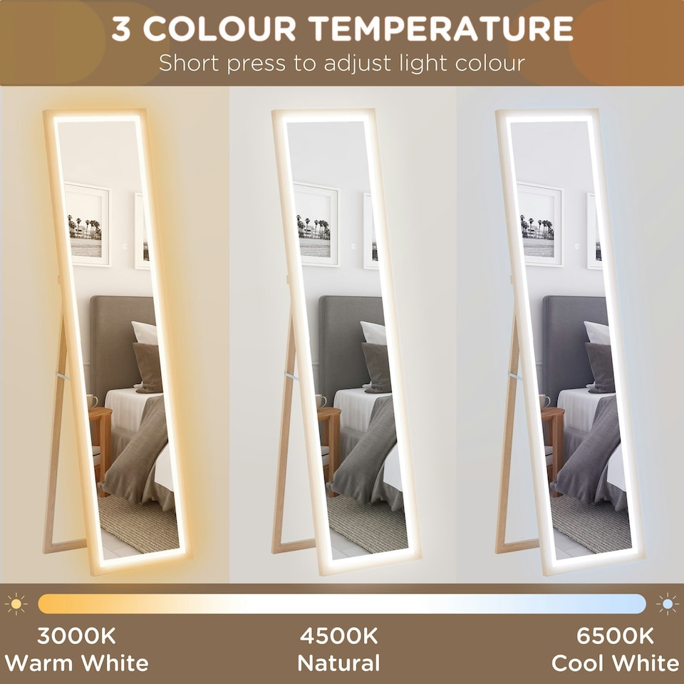 image 1 of HOMCOM Dimming Full Length Mirror w/ Lights Standing Leaning Wall Mount Oak