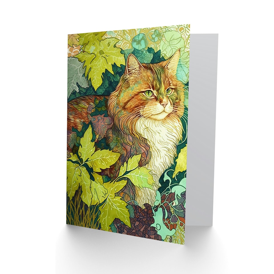 image 1 of Cat Lover Pet Hiding in Bush Tree Colourful Design Greeting Card