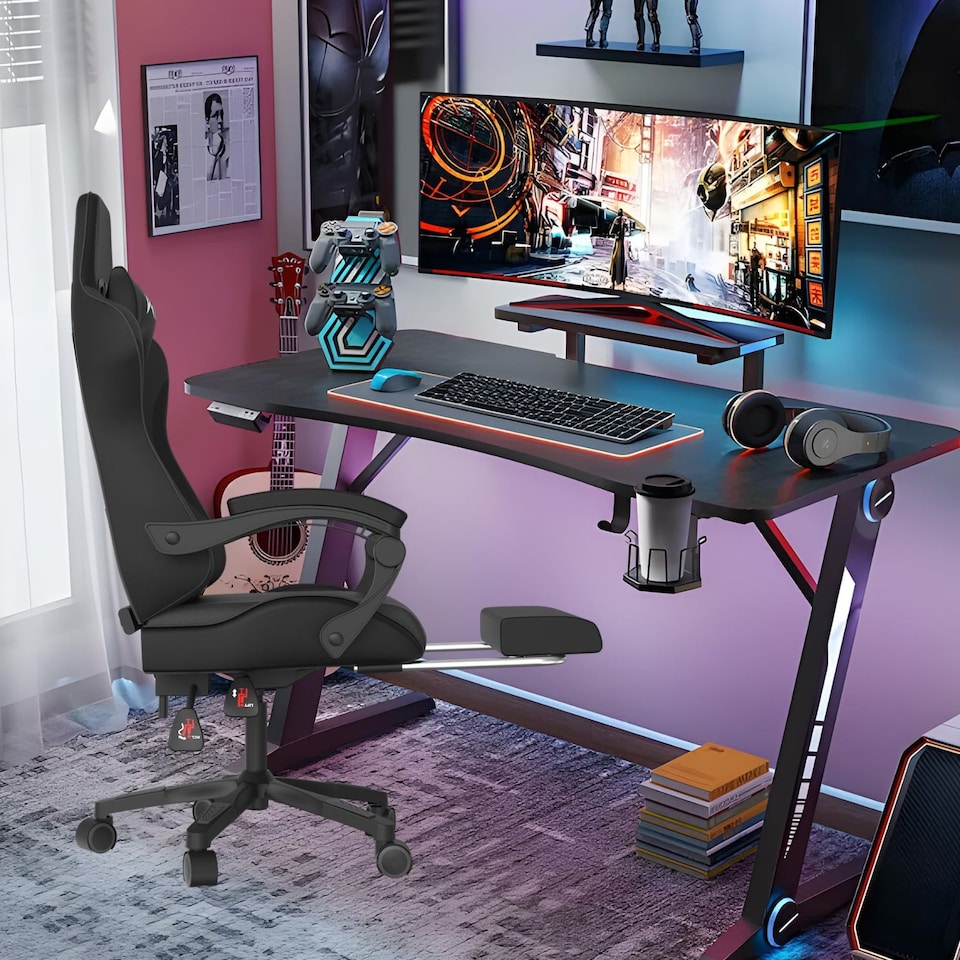 image 1 of Alivio Ergonomic Gaming Chair with Massage Lumbar Cushion & Retractable Footrest, PU Leather Video Game Chair (Black)