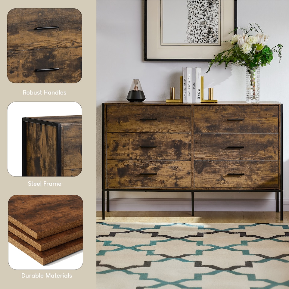 image 1 of Vida Designs Brooklyn 6 Drawer Chest of Drawers Industrial Bedroom Storage, Dark Wood