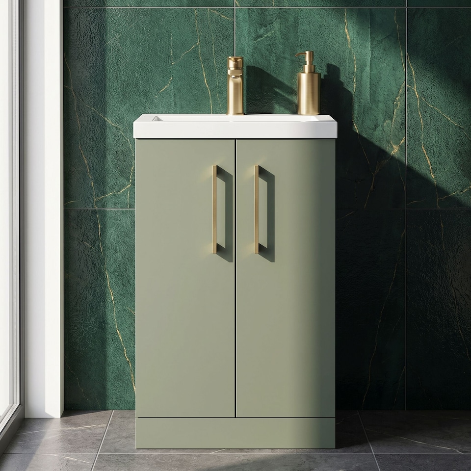 image 1 of Balterley Level Compact Bathroom Cloakroom Vanity Basin Unit with Ceramic Basin, Handles | Green | Satin Green | 840 x 510 x 360mm