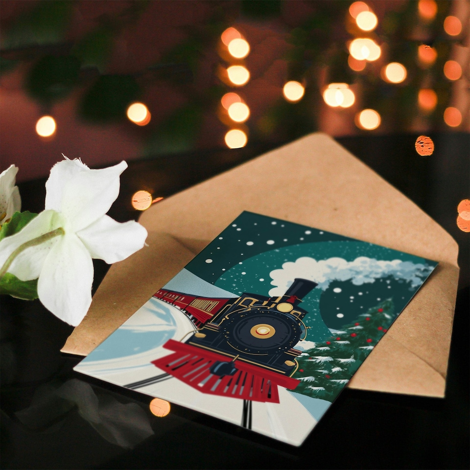 image 1 of Polar Express Steam Train Decorated Tree Blank For Him Or Her Art Xmas Festive Christmas Card