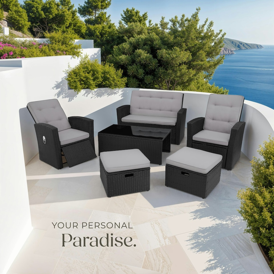 image 1 of Garden Furniture Set Bari - outdoor sofa, 2 reclining armchairs, 2 footstools, table - Black