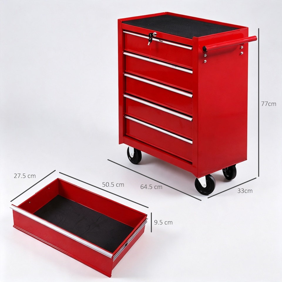 image 1 of HOMCOM Tool Trolley with 5 Drawers Steel Tool Chest on Wheels with Handle Red