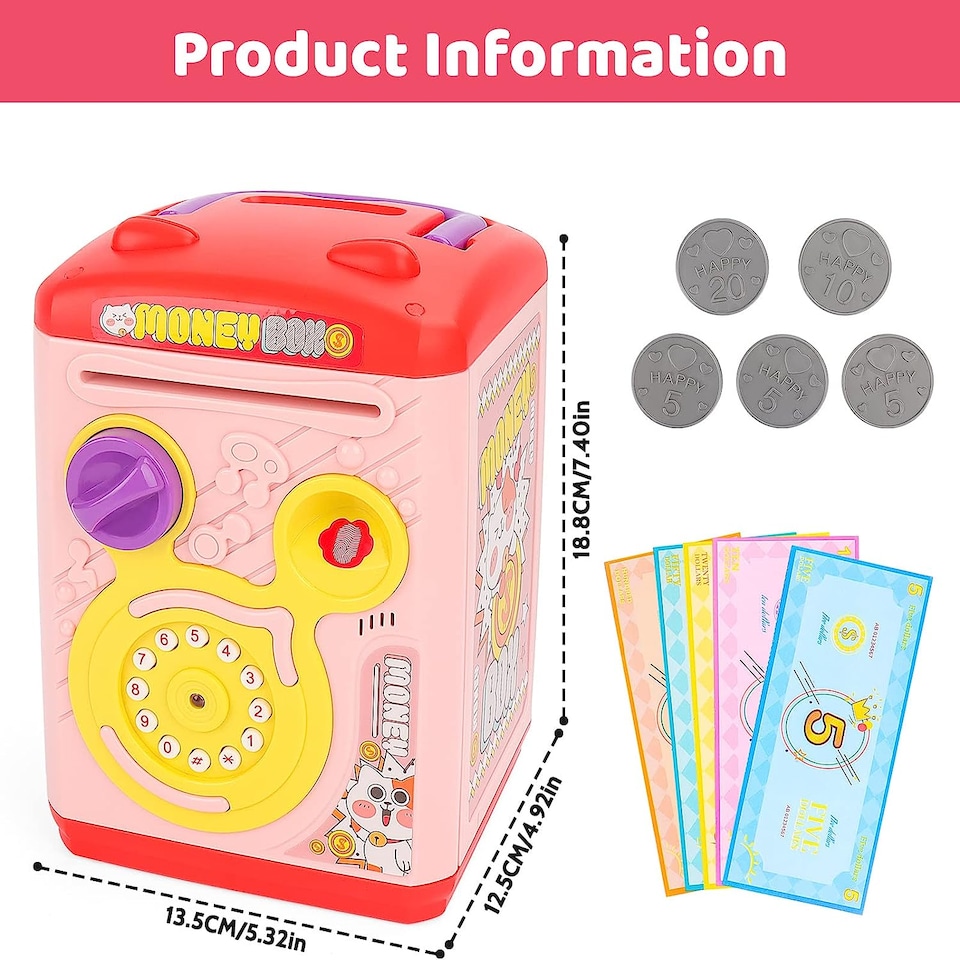 image 1 of Electronic Money Bank for Kids Pink Password & Fingerprint Toy ATM Piggy Bank Secure, Fun & Educational Savings Box