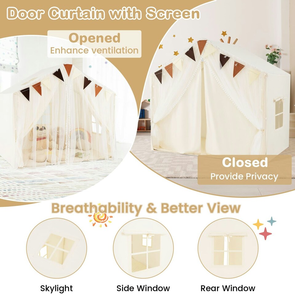 image 1 of COSTWAY Kids Play Tent 3-4 Kids Large Play Tent House Beige Cream