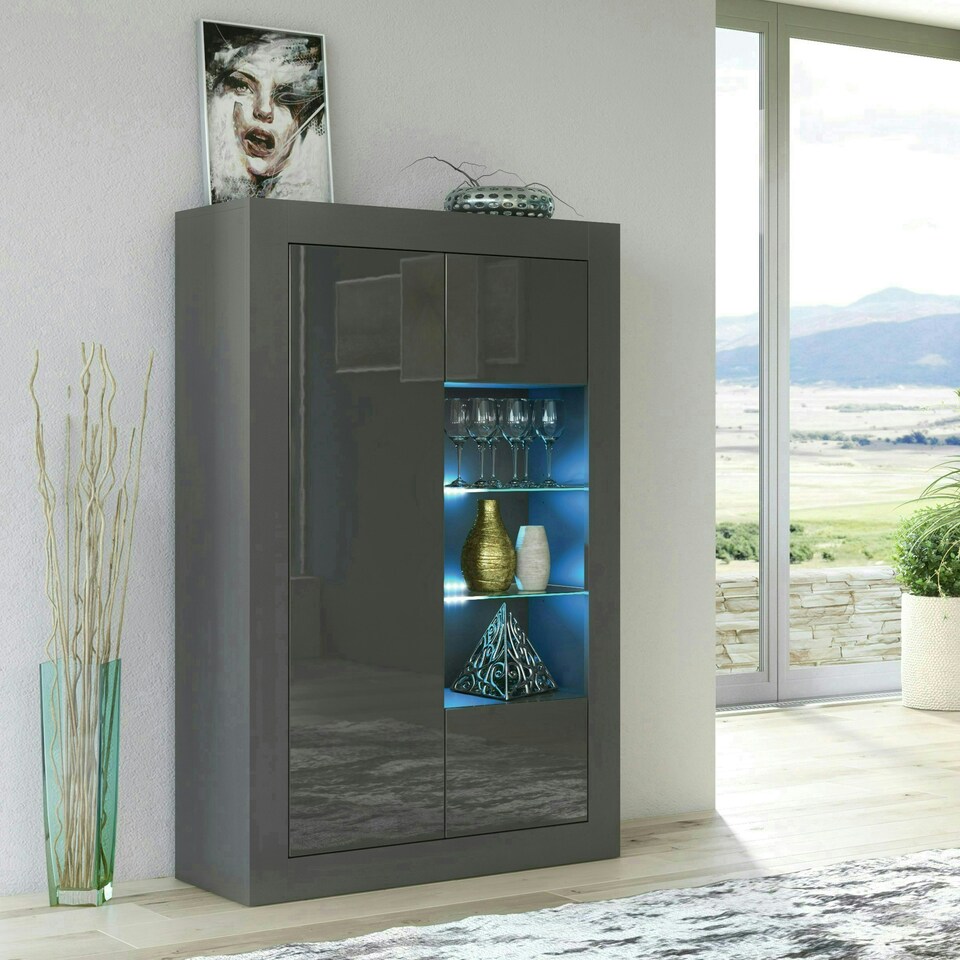 image 1 of Display Cabinet 93cm Grey Gloss Doors Dark Matt Body Free LED Grey