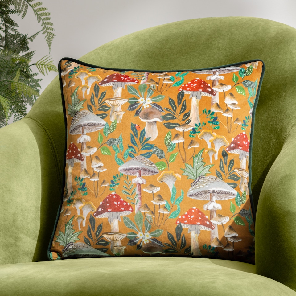 image 1 of Wylder Wild Gardens Mushroom Repeat Velvet Piped Cushion, Multicolour, 43 x 43cm