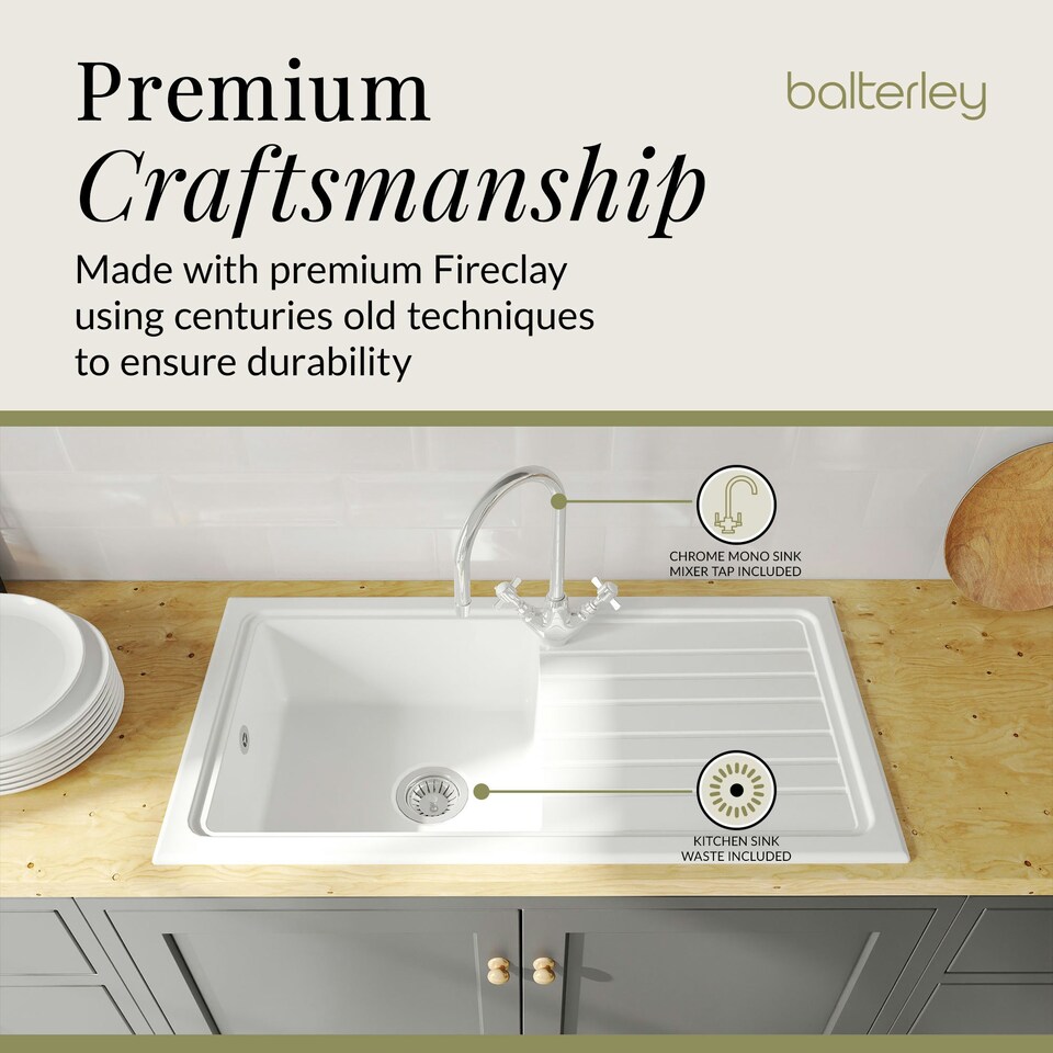 image 1 of Single Bowl Fireclay Inset Kitchen Sink & Drainer, Mixer Tap & Wastes, 1010mm