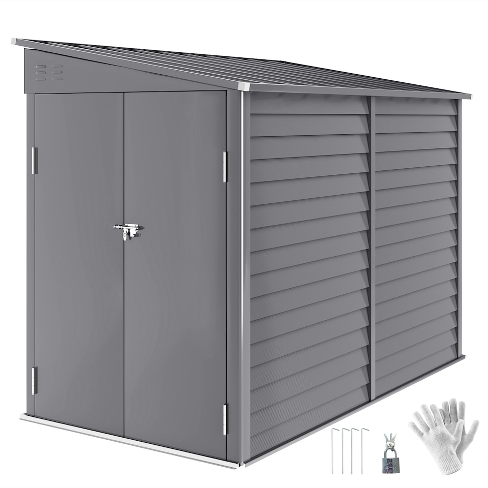 image 1 of Outsunny 5 x 9ft Galvanised Metal Garden Shed with Foundation Kit, Outdoor Leanto Shed, Tool Storage House with Lockable Doors, Gloves and 2 Air Vents for Patio, Garden, Grey | Grey | Grey
