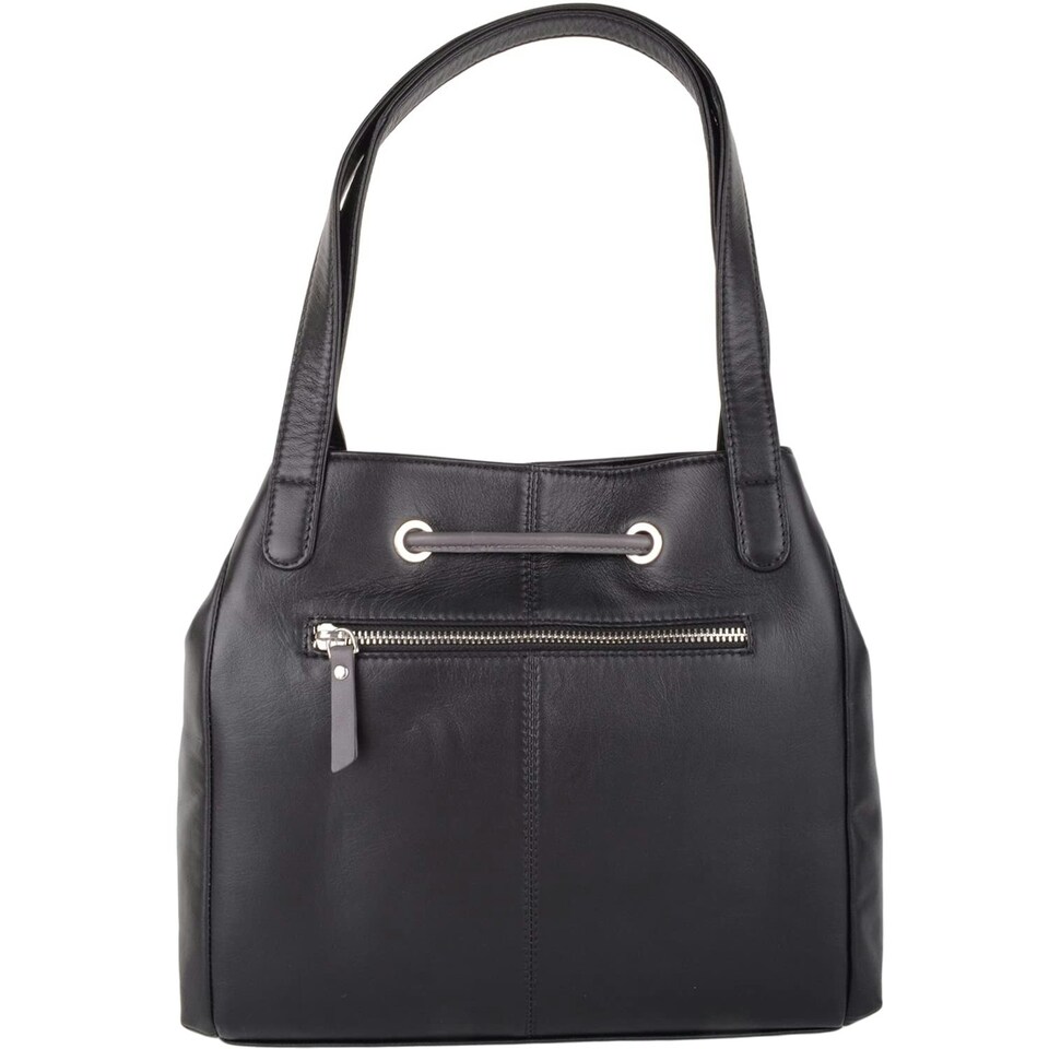 image 1 of Genuine Soft Leather Contrast Drawstring Tote Style Shoulder Handbag Pink | Blush