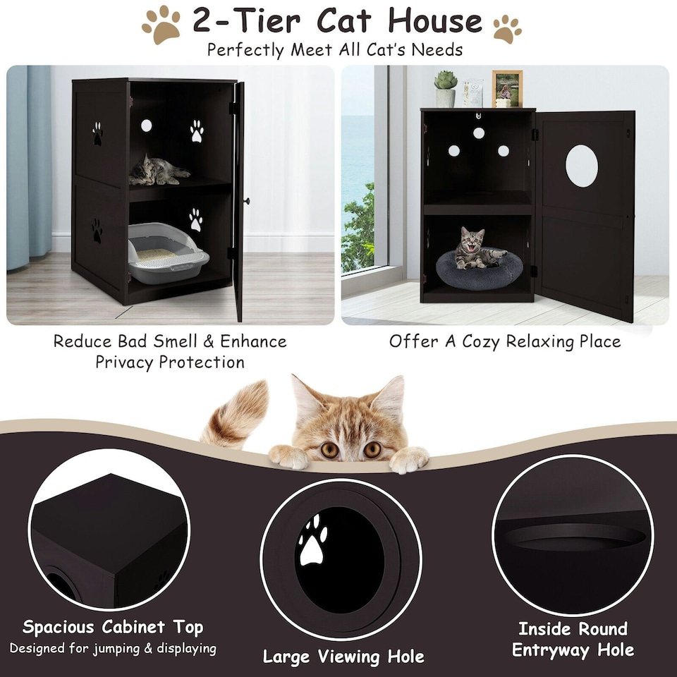 image 1 of COSTWAY 2-Tier Cat House Litter Box Enclosure Storage Cabinet Brown