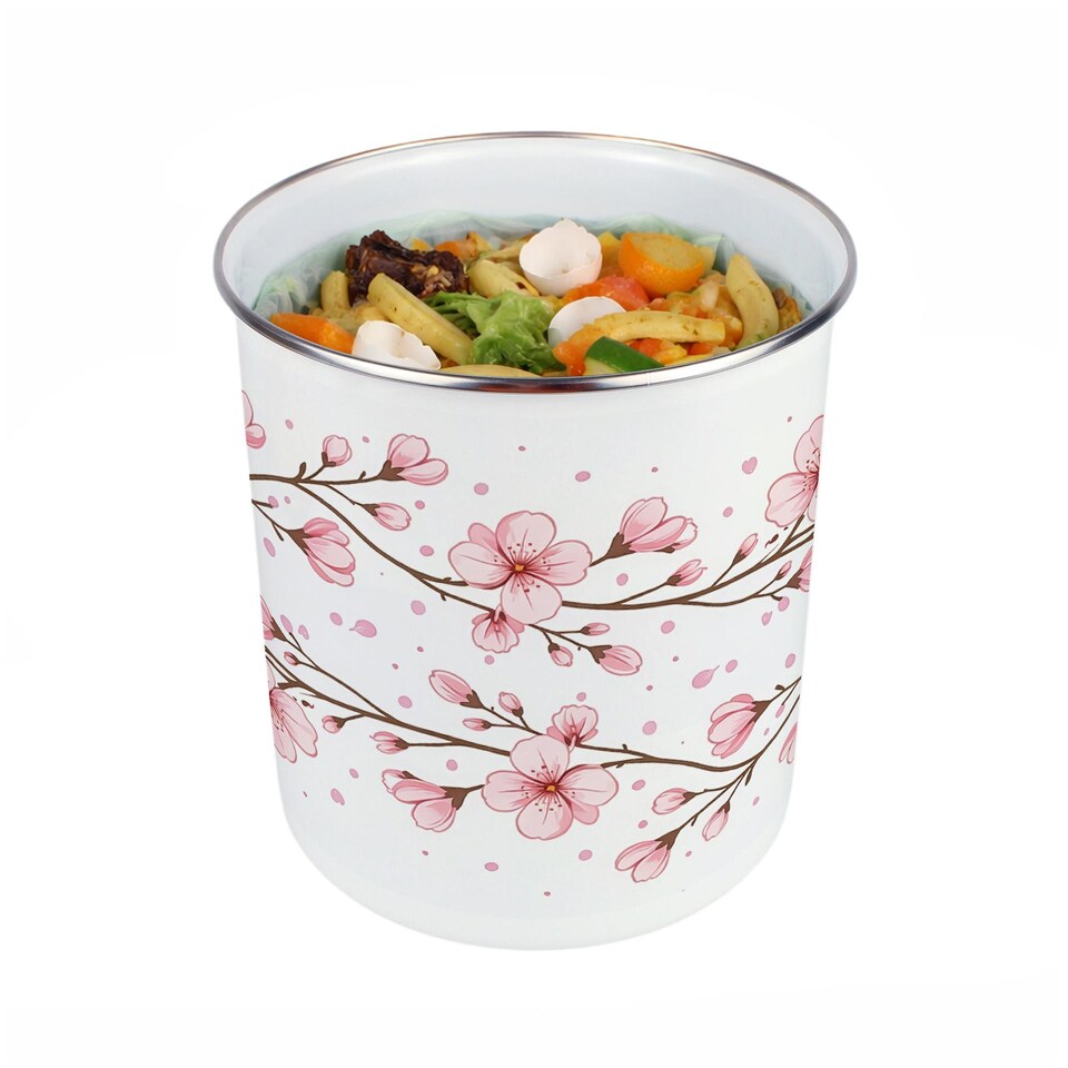 image 1 of Cherry Blossom Food Waste Caddy - Metal 2L Decorative Kitchen Compost Bin