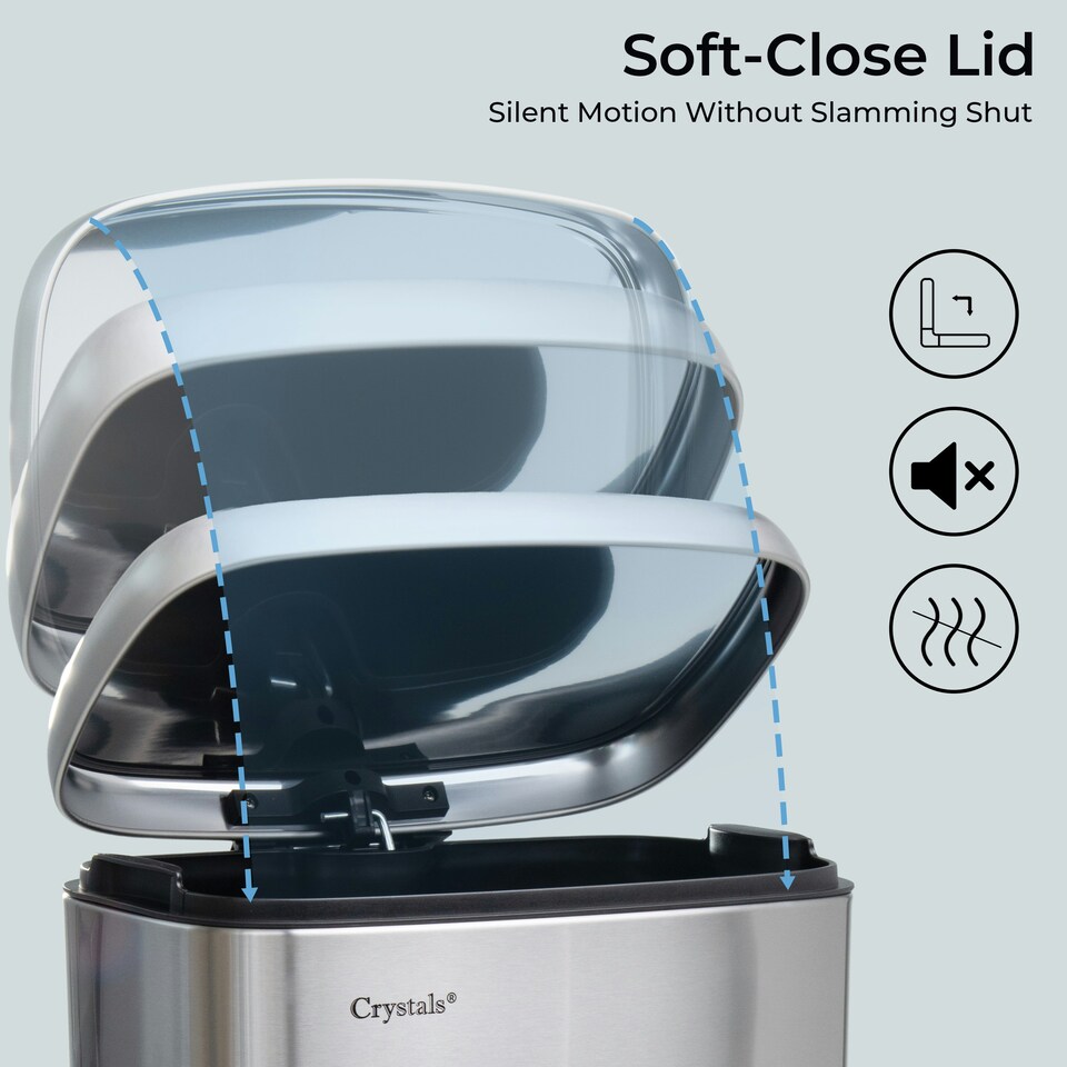 image 1 of Stainless Steel Rectangular Pedal Bin With Soft Close Lid Silver Waste Bin - 30L Silver