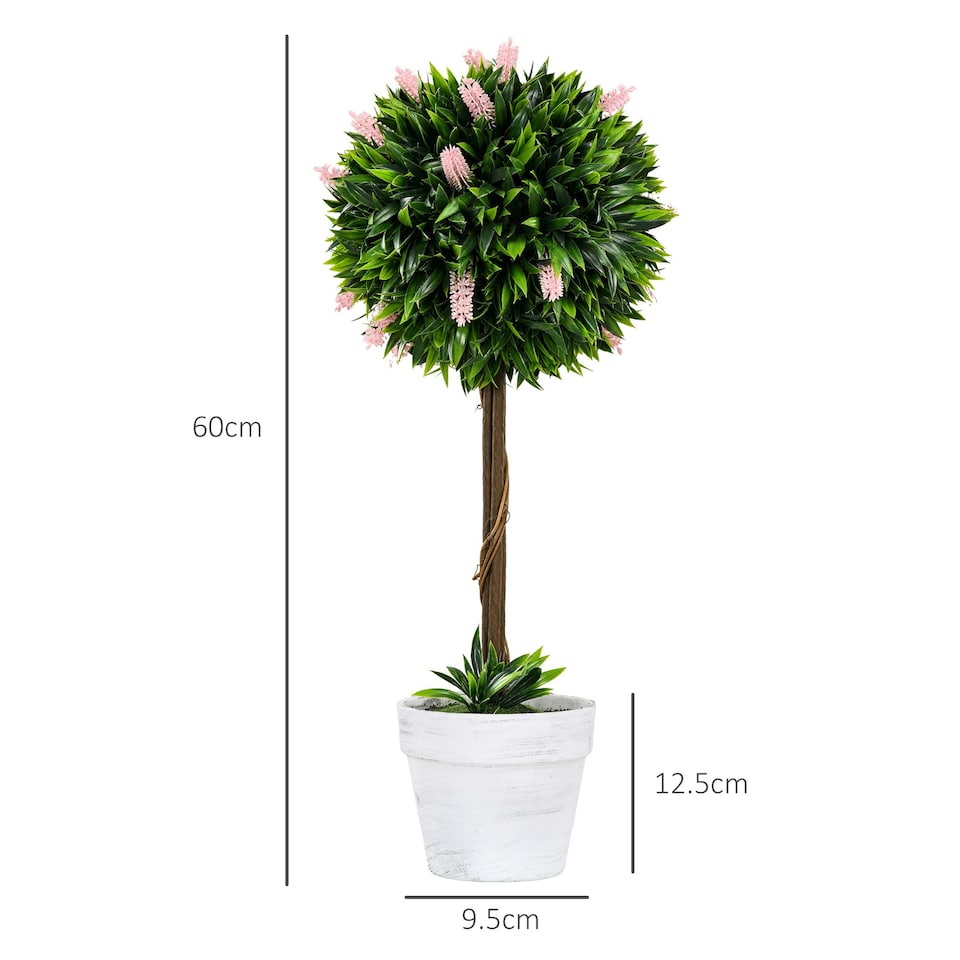 image 1 of HOMCOM Set of 2 Potted Artificial Plants Ball Tree with Flowers, Pink