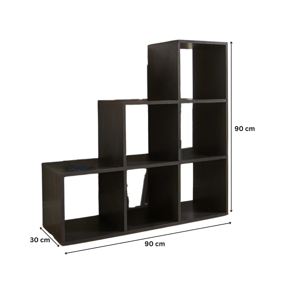 image 1 of Step Style Storage Cube 6 Shelf Bookcase Wooden Display Staircase Unit | Black