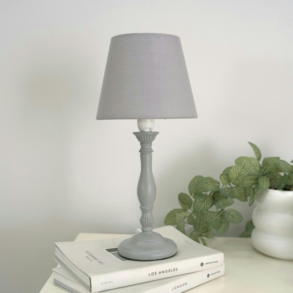 image 1 of ValueLights Sara Pair of - Grey Wood Candlestick Table Lamp with a Tapered Shade