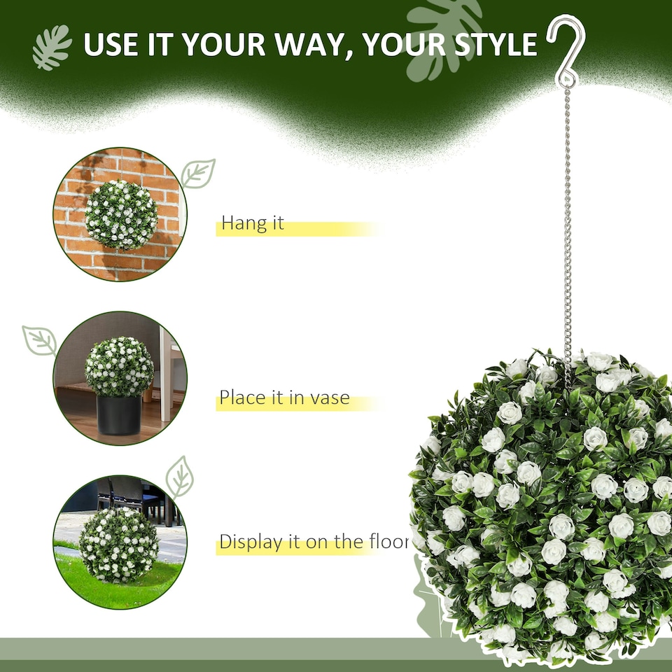 image 1 of HOMCOM Set of 2 Artificial Plant Topiary Rose Balls, Faux Plants, White