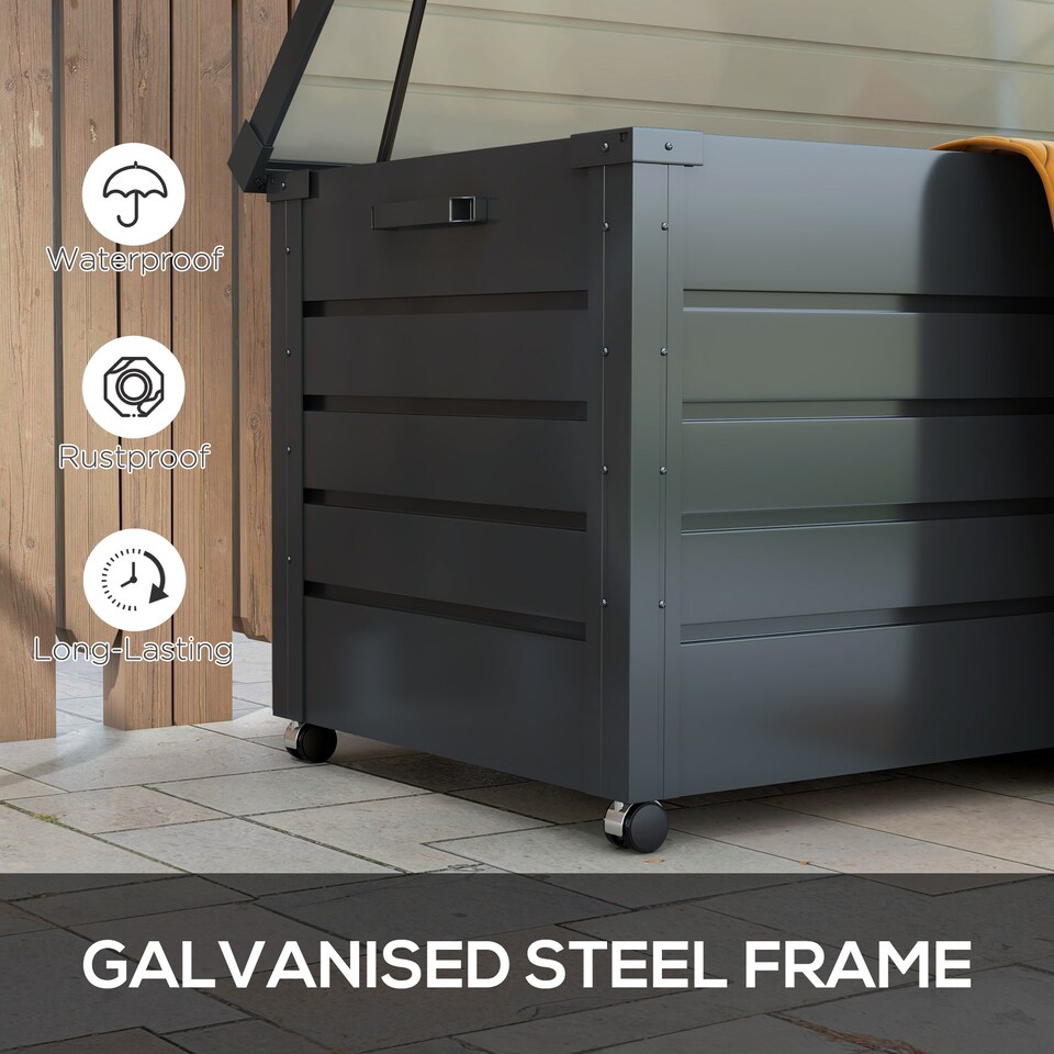 image 1 of Outsunny 331 Litre Garden Storage Box, Waterproof Outdoor Storage Box with Wheels and Handles, Lockable Galvanised Steel Outside Deck Box Organiser for Tools, Cushions, Dark Grey