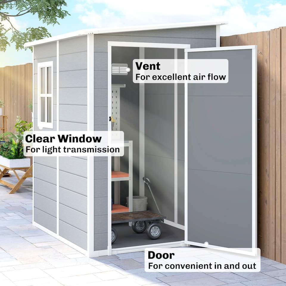 image 1 of Outsunny Lean to Garden Shed 4'x5' Plastic Tool Storage House w/ Lockable Door | Grey