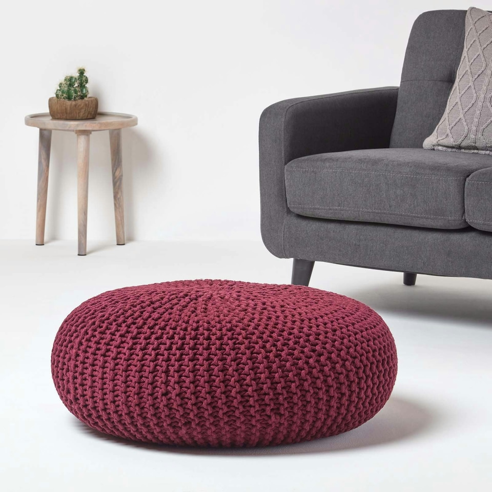image 1 of Homescapes Plum Large Round Cotton Knitted Pouffe Footstool