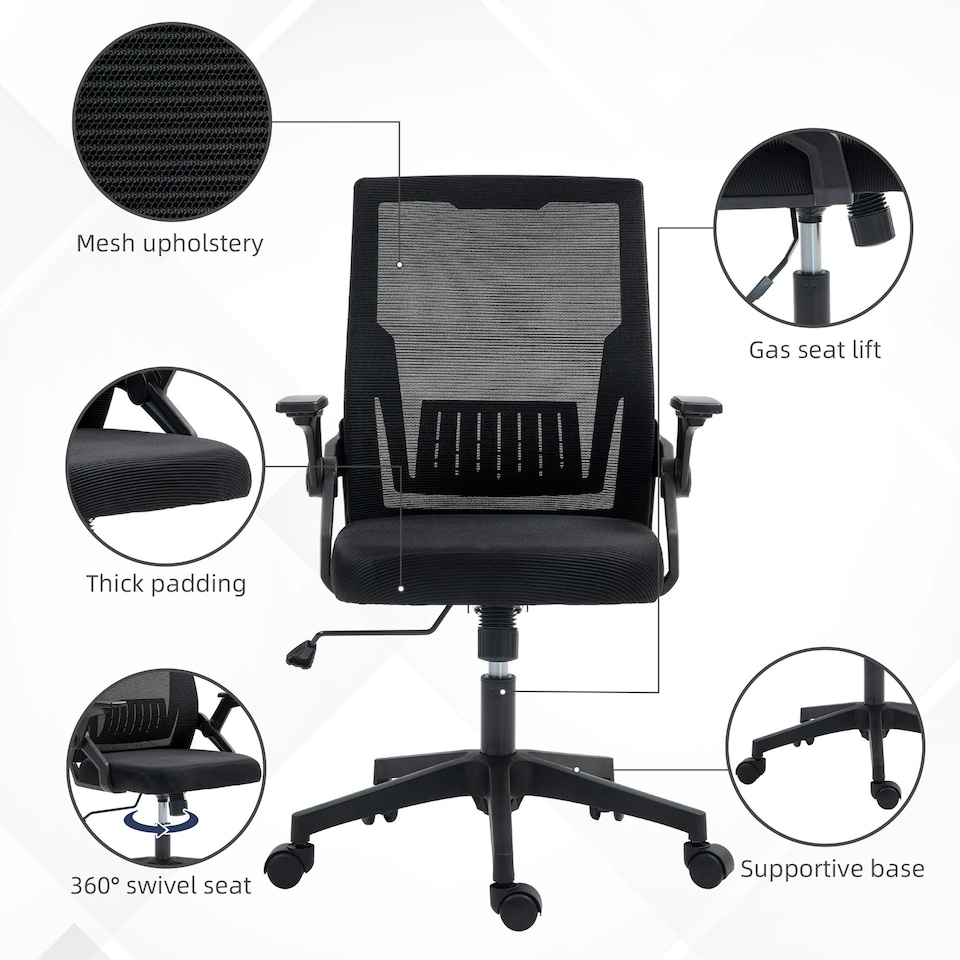 image 1 of Vinsetto Mesh Office Chair for Home with Lumbar Support, Flip-up Arm, Wheels Black