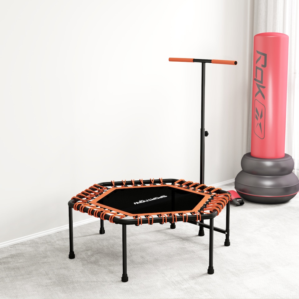 image 1 of SPORTNOW Fitness Trampoline with Adjustable Handle, LED Lights, Orange