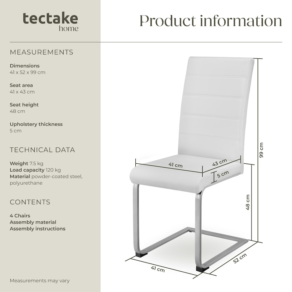 image 1 of Dining Chairs - cantilevered, high backrest, flat steel frame - Set of 4 White