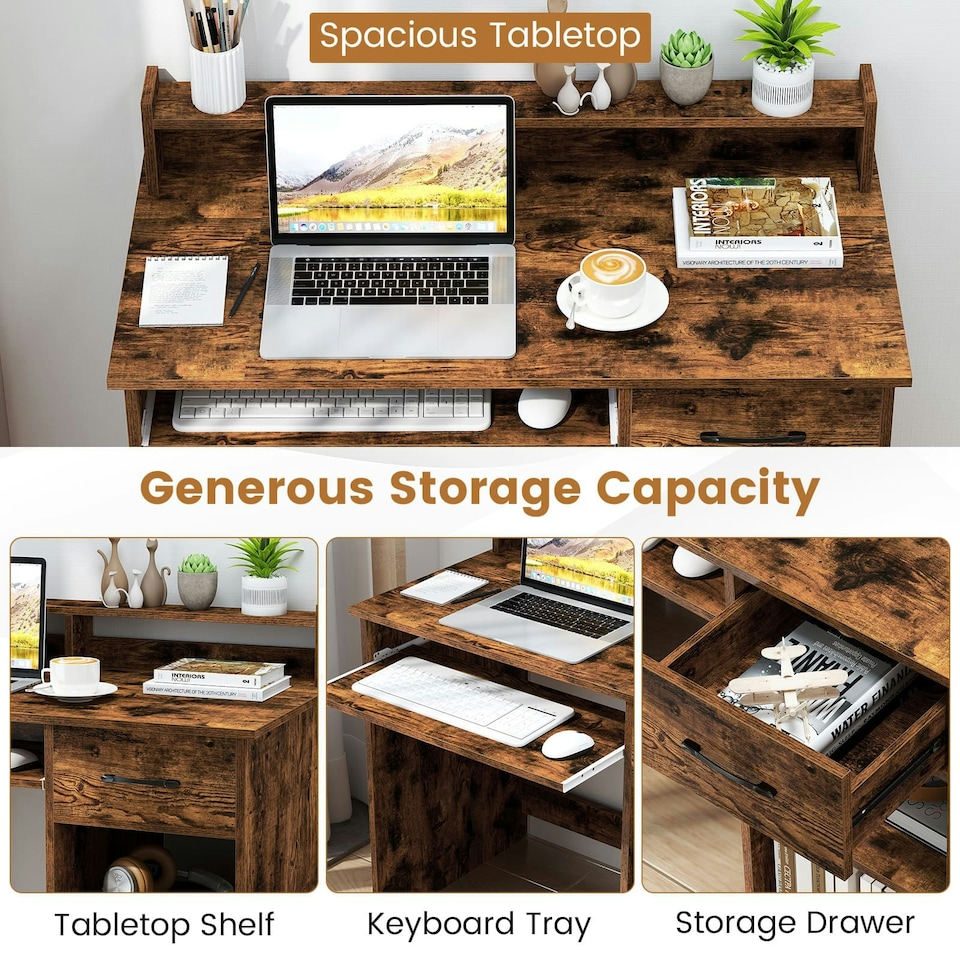 image 1 of COSTWAY Computer Desk Workstation w/Display Shelf Brown