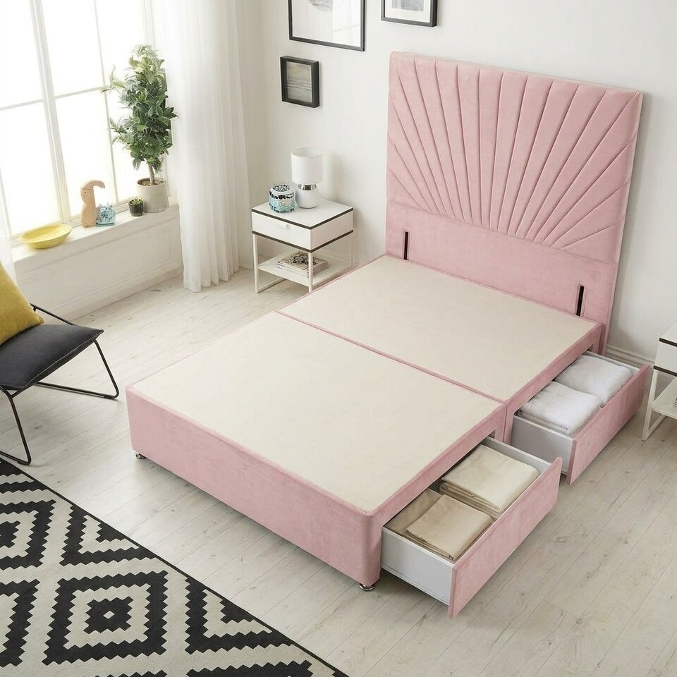 image 1 of Sunburst Divan Bed with 2 Drawers & 54'' Floor Standing Headboard Plush Velvet | Pink | Pink