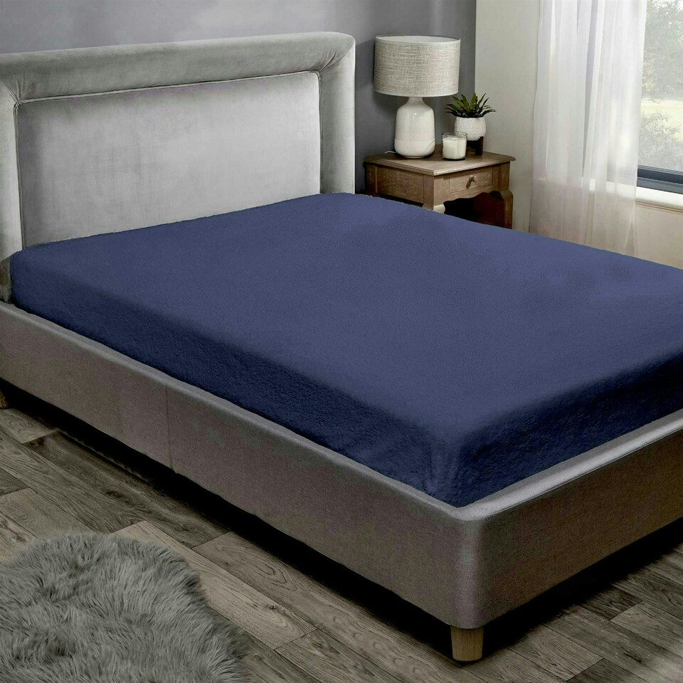 image 1 of Teddy Fleece Fitted Sheet Sherpa Bed Sheets - Navy - Double