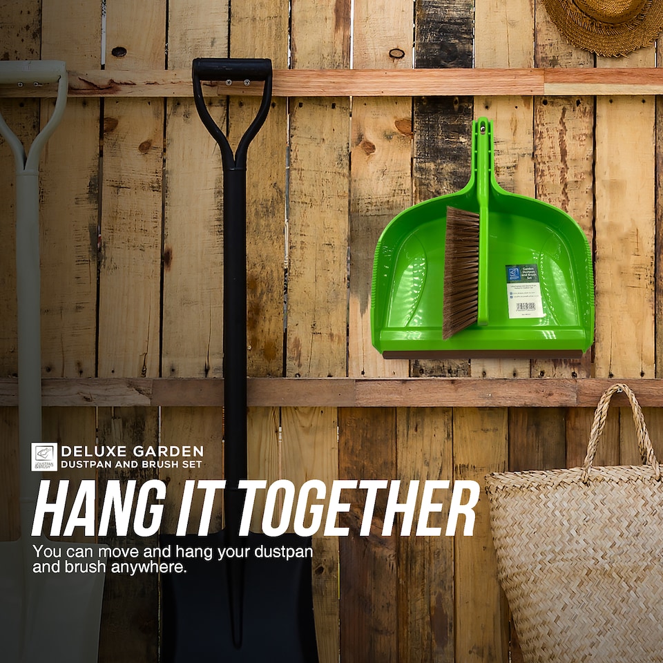 image 1 of Deluxe Garden Dustpan and Brush Set Large Outdoor Dustpan with Stiff Bristle Brush