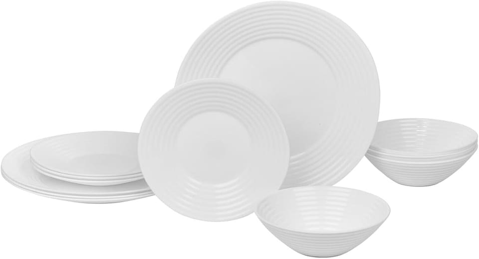 image 1 of White Opal Glass Dinner Set Plates Soup Bowls Dinnerware | White | Vienna Ribbed - 12 Pcs | 12