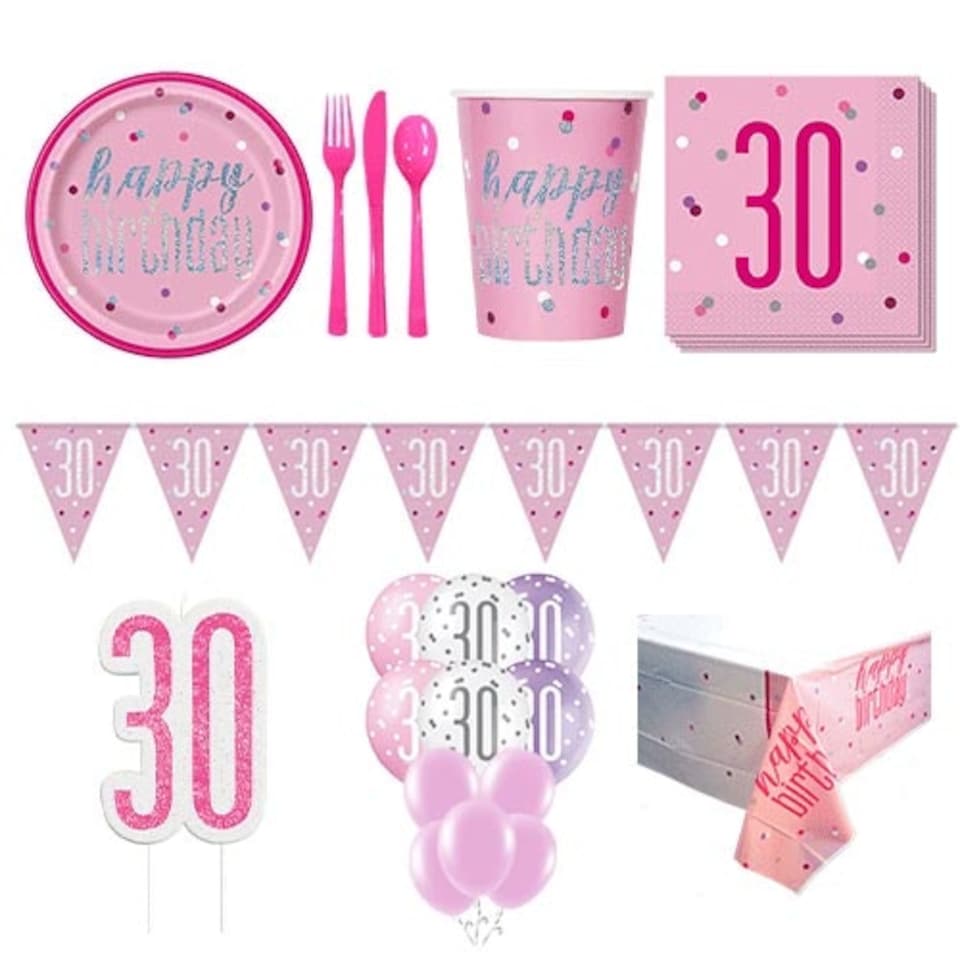 Pink Glitz 30th Birthday 16 Person Deluxe Party Pack