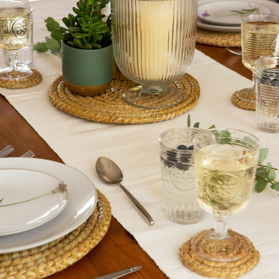 image 1 of Argon Tableware 12 Piece Round Woven Palm Leaf Placemats & Coasters Set Brown