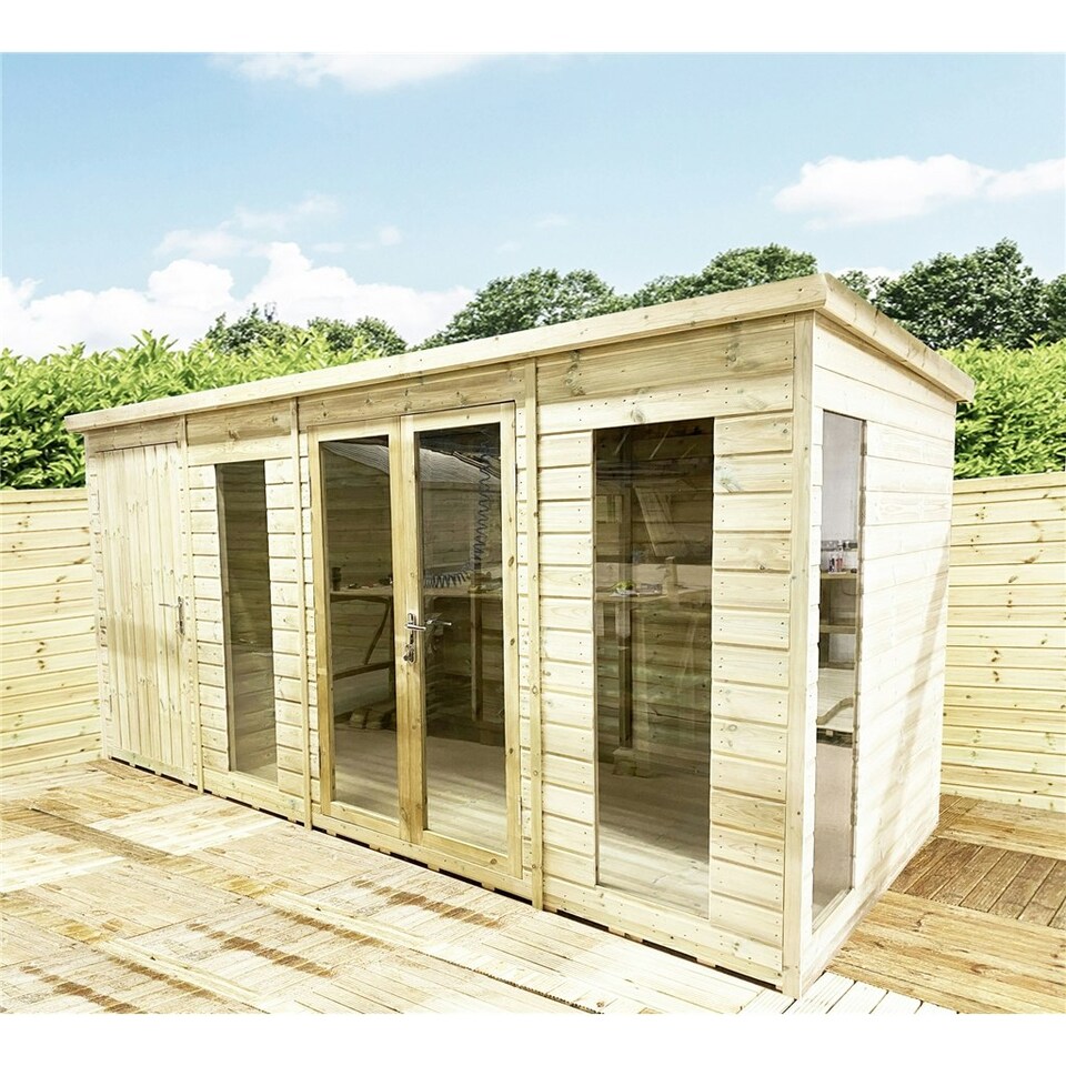 image 1 of 10 x 16 COMBI Pent Summerhouse + Side Shed Storage - Pressure Treated Tongue & Groove + Toughened Safety Glass (10' x16' / 10ft x 16ft) (10x16)