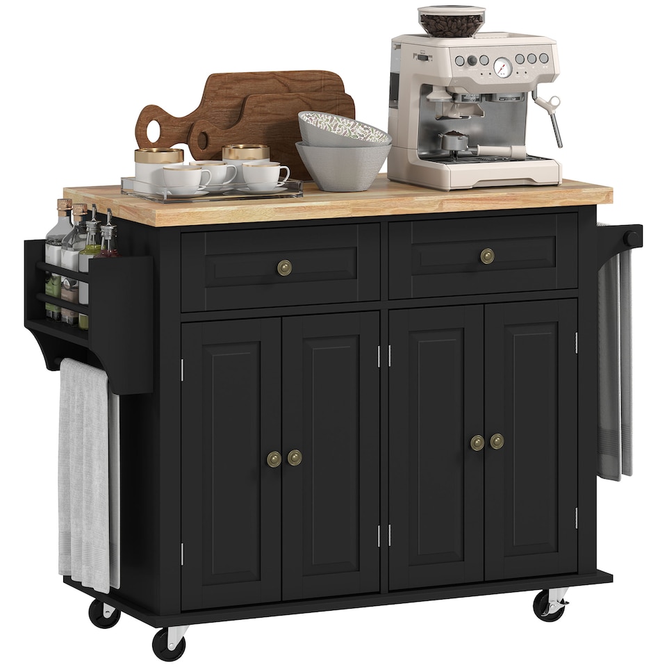 image 1 of HOMCOM Kitchen Island on Wheels, Rolling Kitchen Storage Trolley with Rubber Wood Top, Drawers, Adjustable Shelves, Towel and Spice Rack for Dining Room, Black