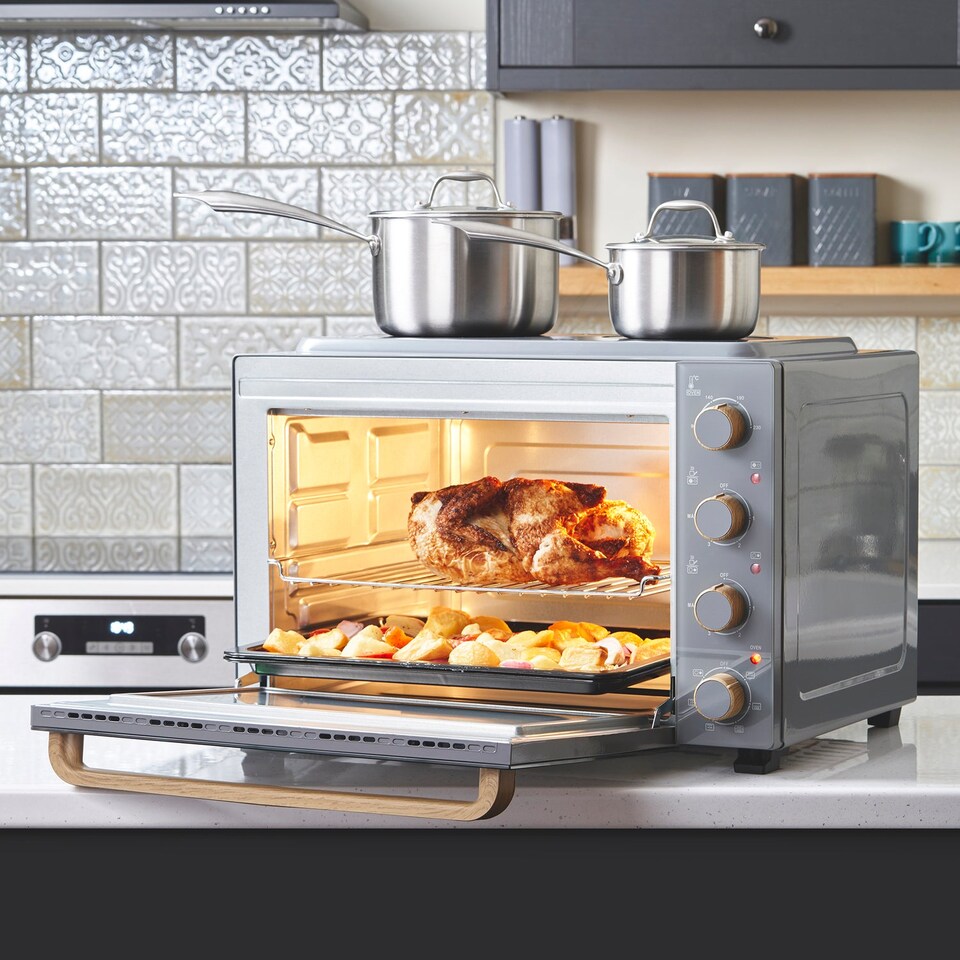 image 1 of Cooks Professional 48L Mini Portable Oven with 2 Ceramic Hobs - Electric Portable Countertop Cooker | Grey | Nordic Grey