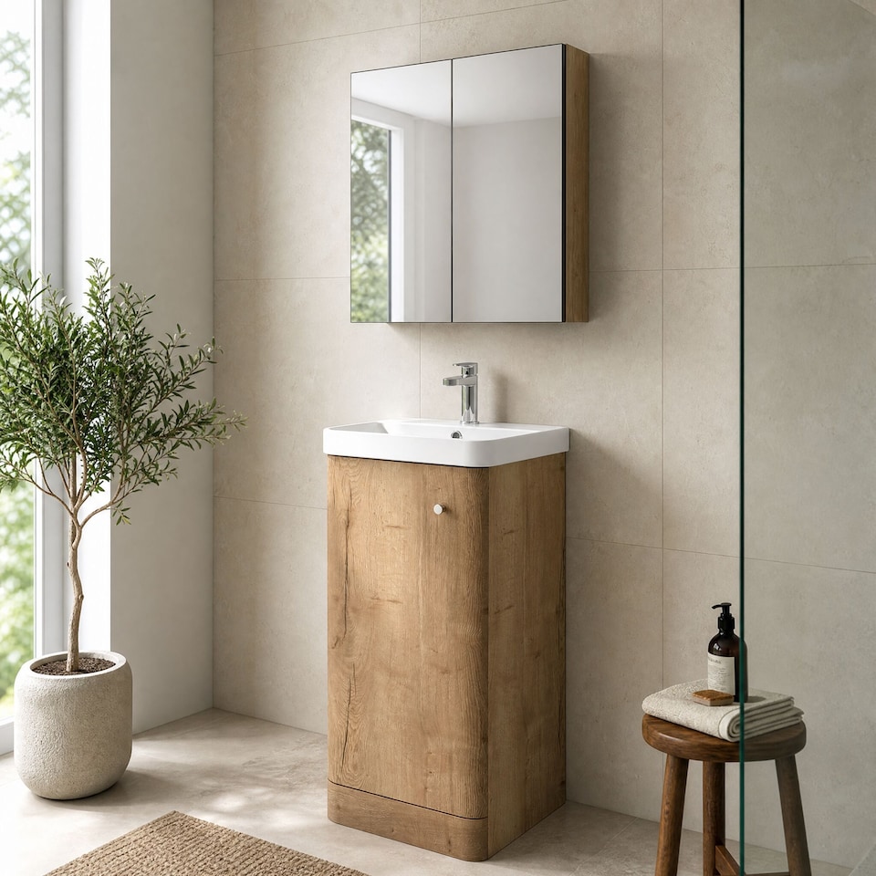 image 1 of Balterley Flashbrook Floor Standing 1 Door Vanity Basin Unit, 400mm, Autumn Oak