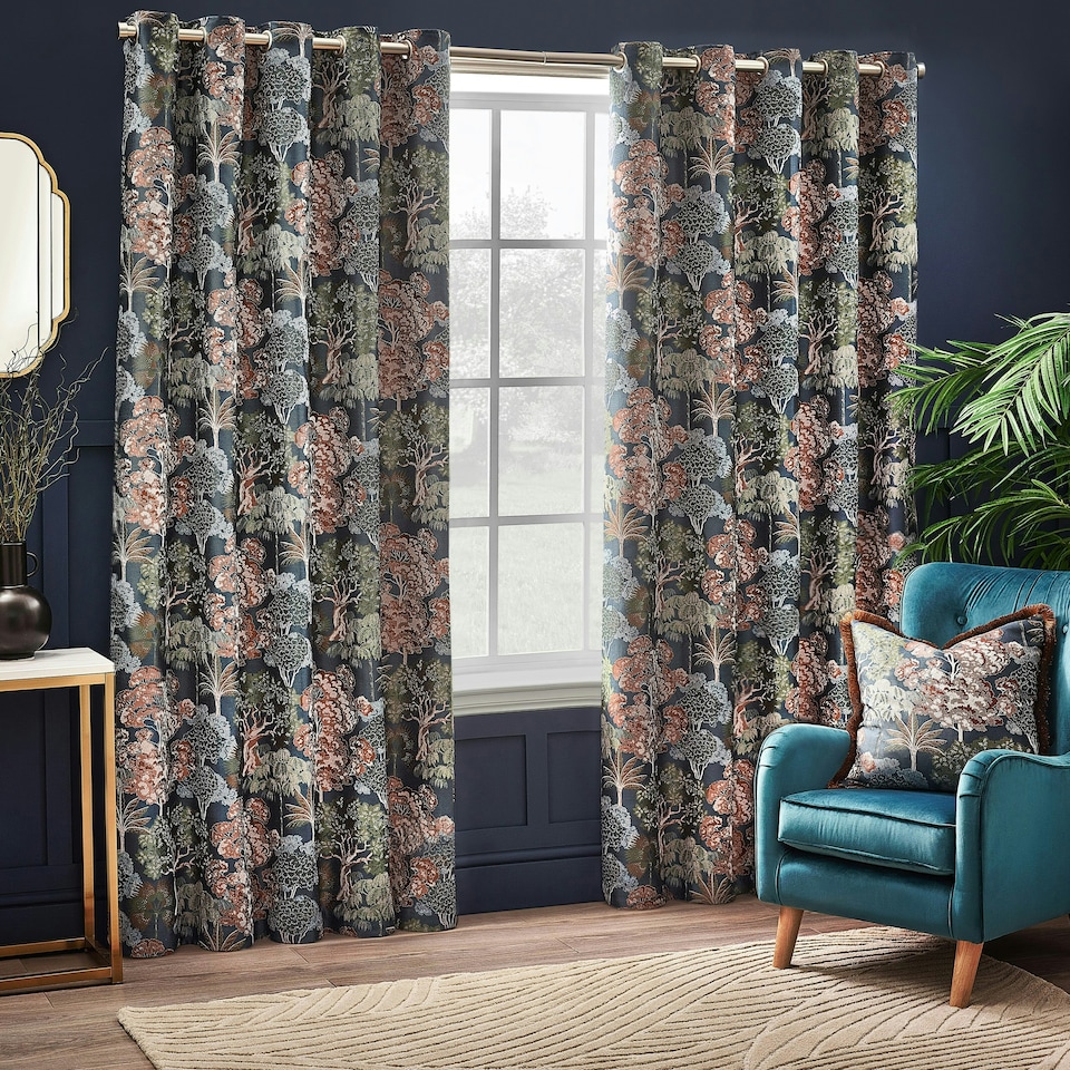 image 1 of Wylder Woodlands Floral Jacquard Navy Eyelet Curtains 168 x 183cm