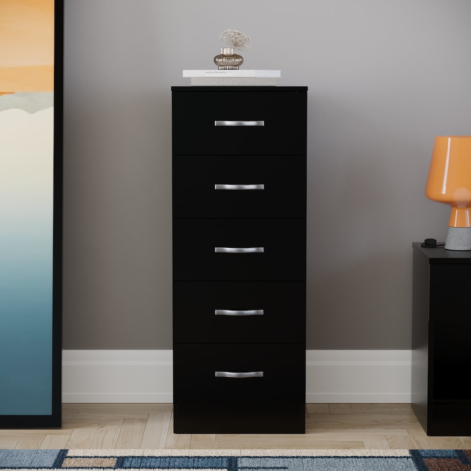image 1 of Vida Designs Riano 5 Drawer Narrow Chest of Drawers Bedroom Storage, Black