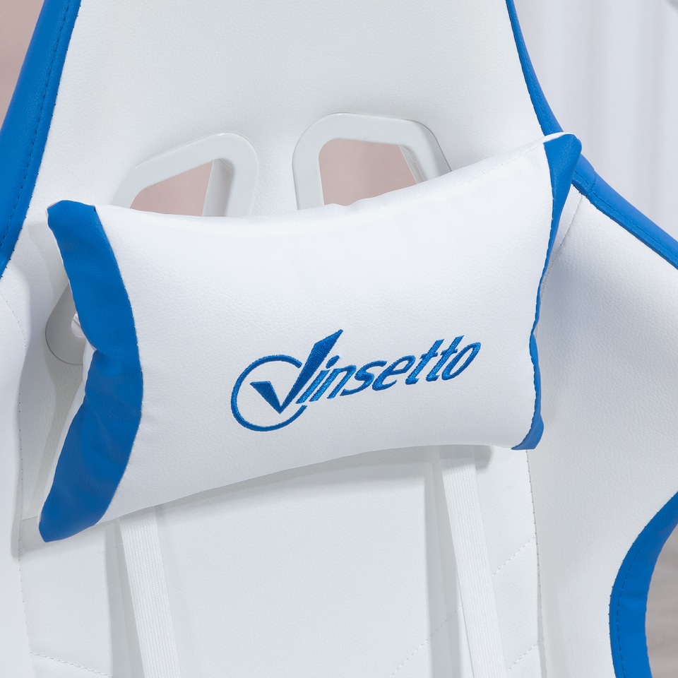 image 1 of Vinsetto Computer Gaming Chair, PU Leather Office Desk Chair with Footrest, Swivel Wheels, 135 Reclining Back, Lumbar Support, Headrest for Home, White and Blue
