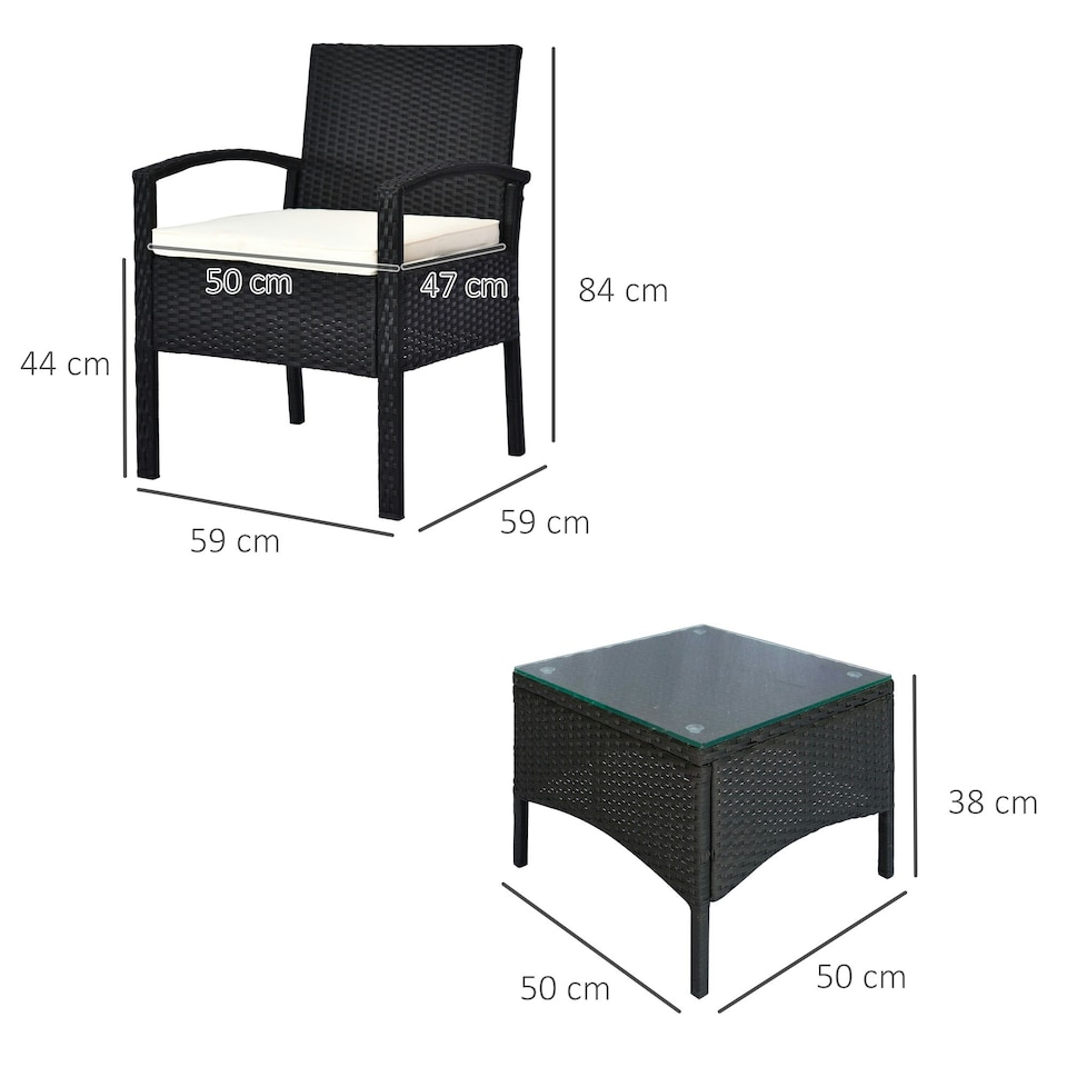 image 1 of Outsunny 3PC Garden Rattan Bistro Set with Glass Top Table, Black
