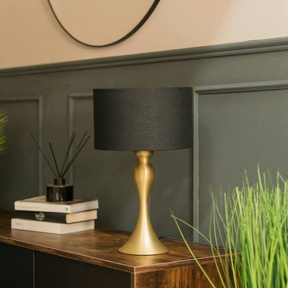 image 1 of ValueLights Modern Matt Gold Spindle Design Table Lamp With Black Drum Shade