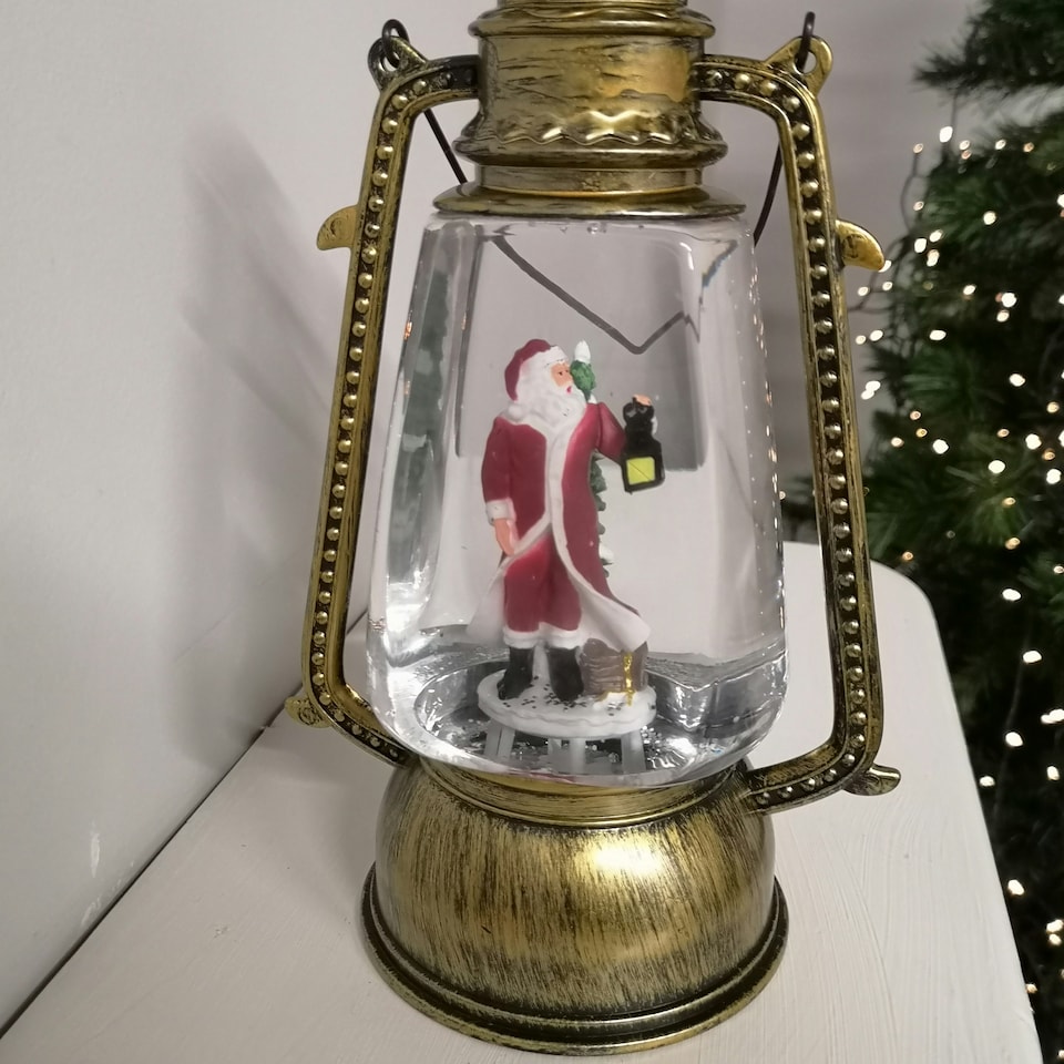 image 1 of 24cm Christmas Water Spinner Antique Gold Effect Hurricane Lantern Style  with Santa Scene